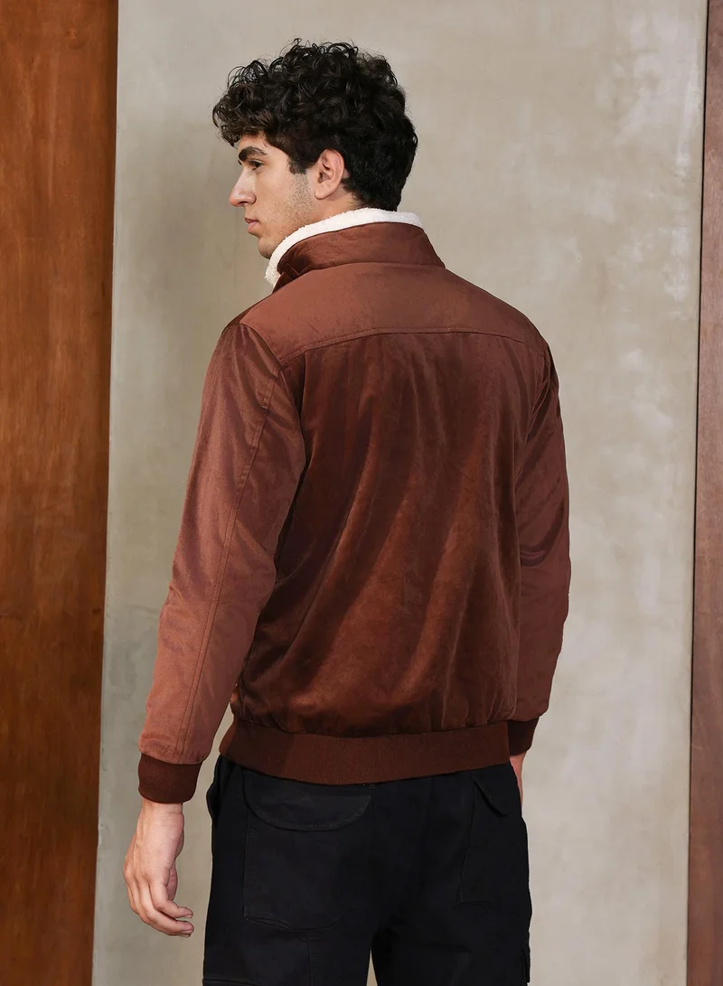 CAHOOT  Men's Chocolate Brown Contrast Sherpa-Lined Suede Bomber Jacket | Point Collar , Ribbed Cuff Sleeves , Zipper  Closure , Ribbed-Straight Hem | Solid Textured For Casual & Daily Wear for Men | Best Price UAE